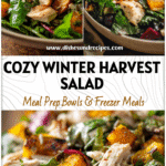 A bowl of Winter Harvest Chicken Salad with roasted squash, greens, and chicken for Fall Salads For Thanksgiving.